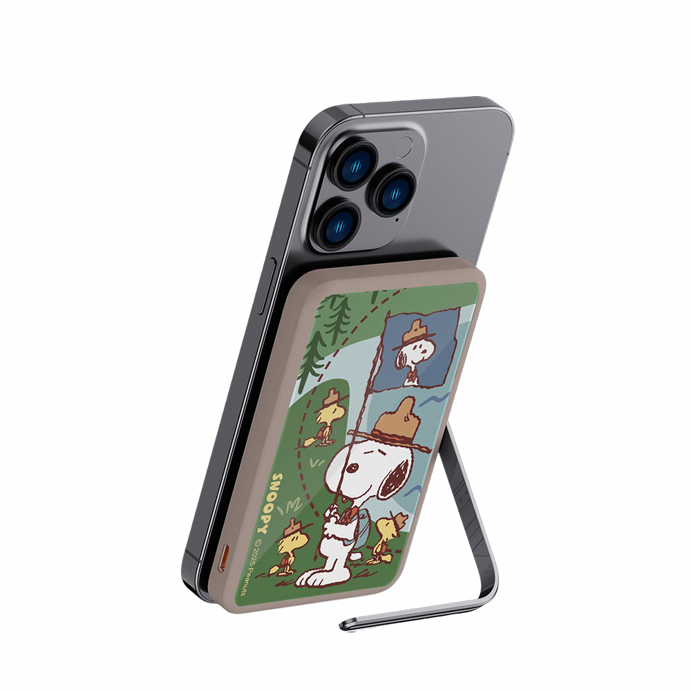 【SNOOPY史努比】質感玻璃面 磁吸無線充側支架行動電源5000mAh_遠足趣