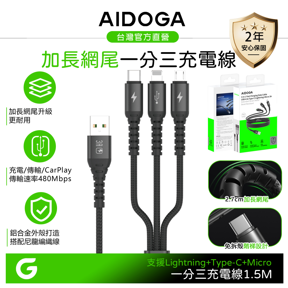 AIDOGA 艾迪伽 一分三 Lightning+安卓Micro+Type-C充電線傳輸線 加長網尾 NyzerFlex 1.5M