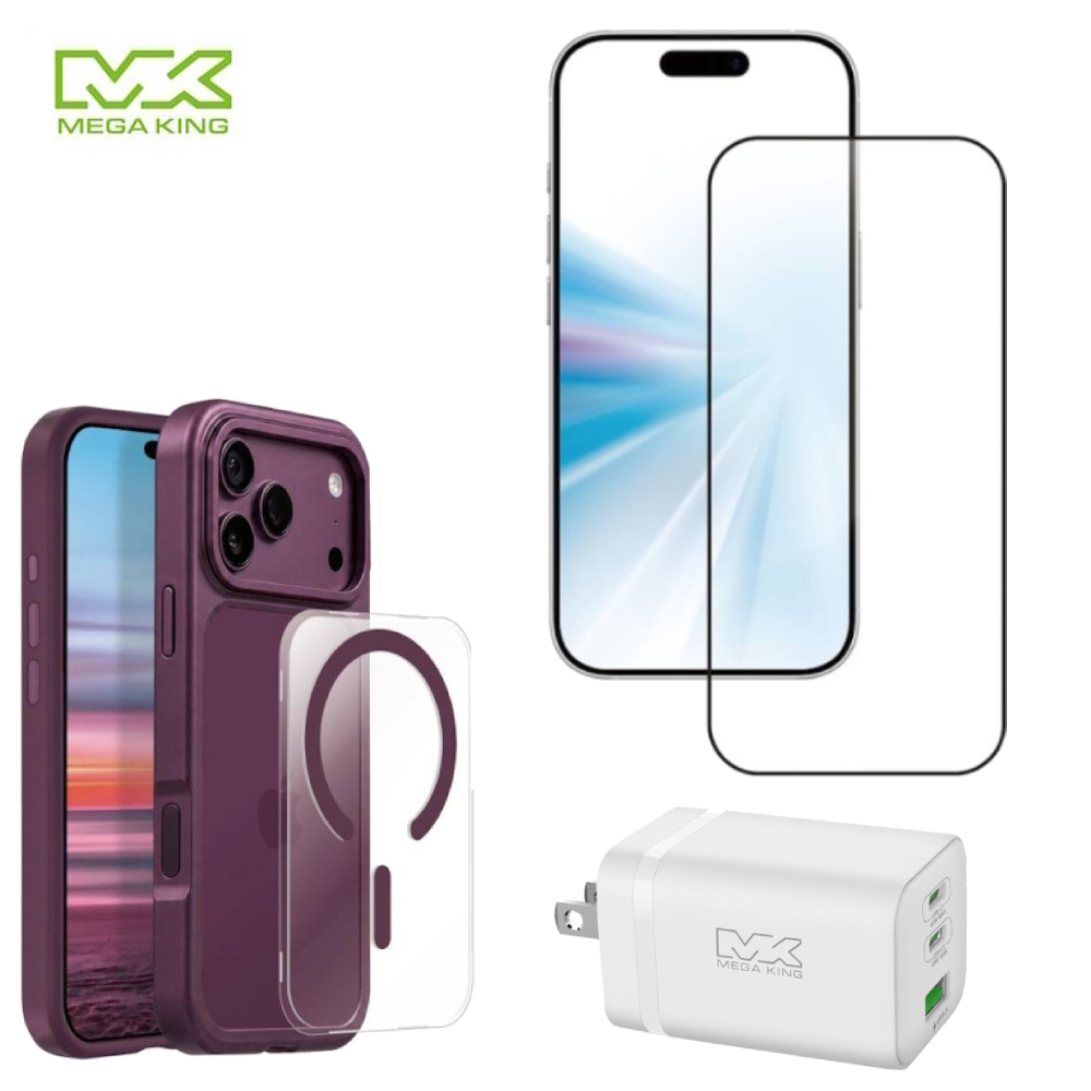 【超值組合11】MEGA KING iPhone 18 Pro 二合一雙模磁吸保護殼+滿版玻璃貼+65W快充頭