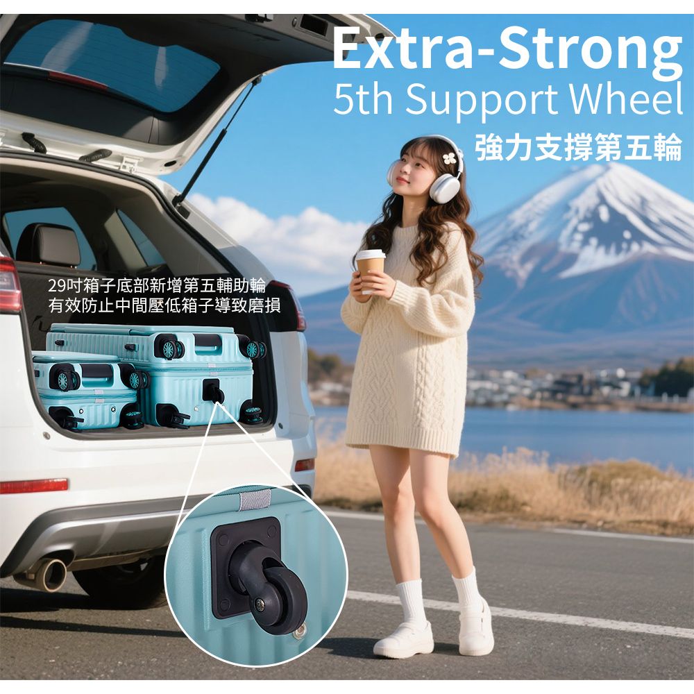 29箱子底部新增第五輔助輪有效防止中間壓低箱子導致磨損Extra-Strong5th Support Wheel強力支撐第五輪
