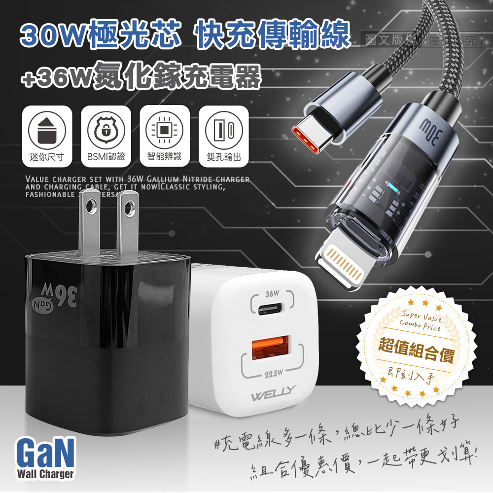 30W 極光芯 Type-C to Lightning 耐拉傳輸充電線+36W氮化鎵GaN 迷你雙孔充電器(黑色)