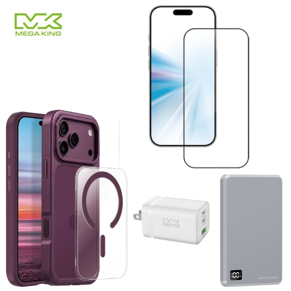 【超值組合15】MEGA KING iPhone 18 Pro Max 二合一雙模磁吸保護殼+滿版保護貼+固態電源+快充頭