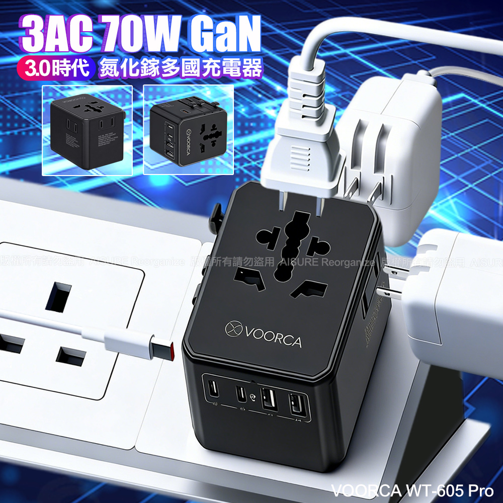 VOORCA WT-605 Pro 70W氮化鎵多國充電器 USB-A Type-C 3AC插孔 8口快充