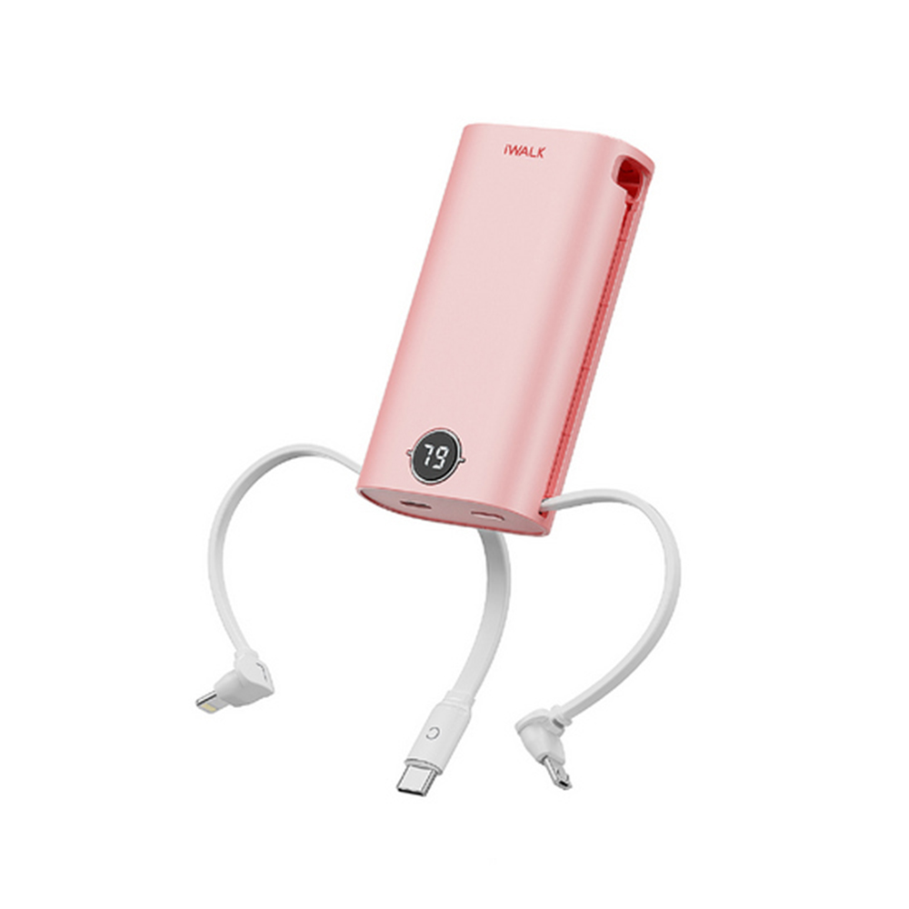 【iWALK】小魷魚自帶線PD快充行動電源9000mAh(附1M TYPE-C to C充電線) DBL10000S【清瑩粉】