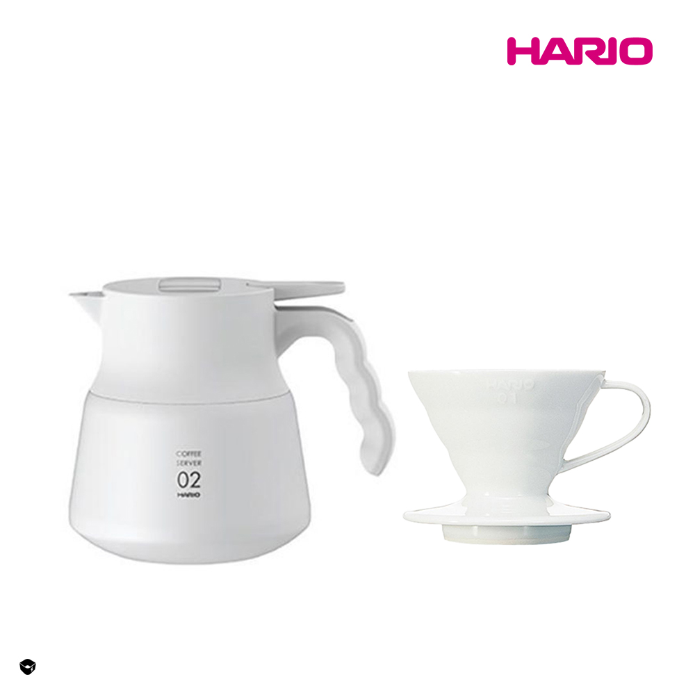 【HARIO】 純白系列 V60白色02磁石濾杯 + V60不鏽鋼保溫咖啡壺白PLUS 800