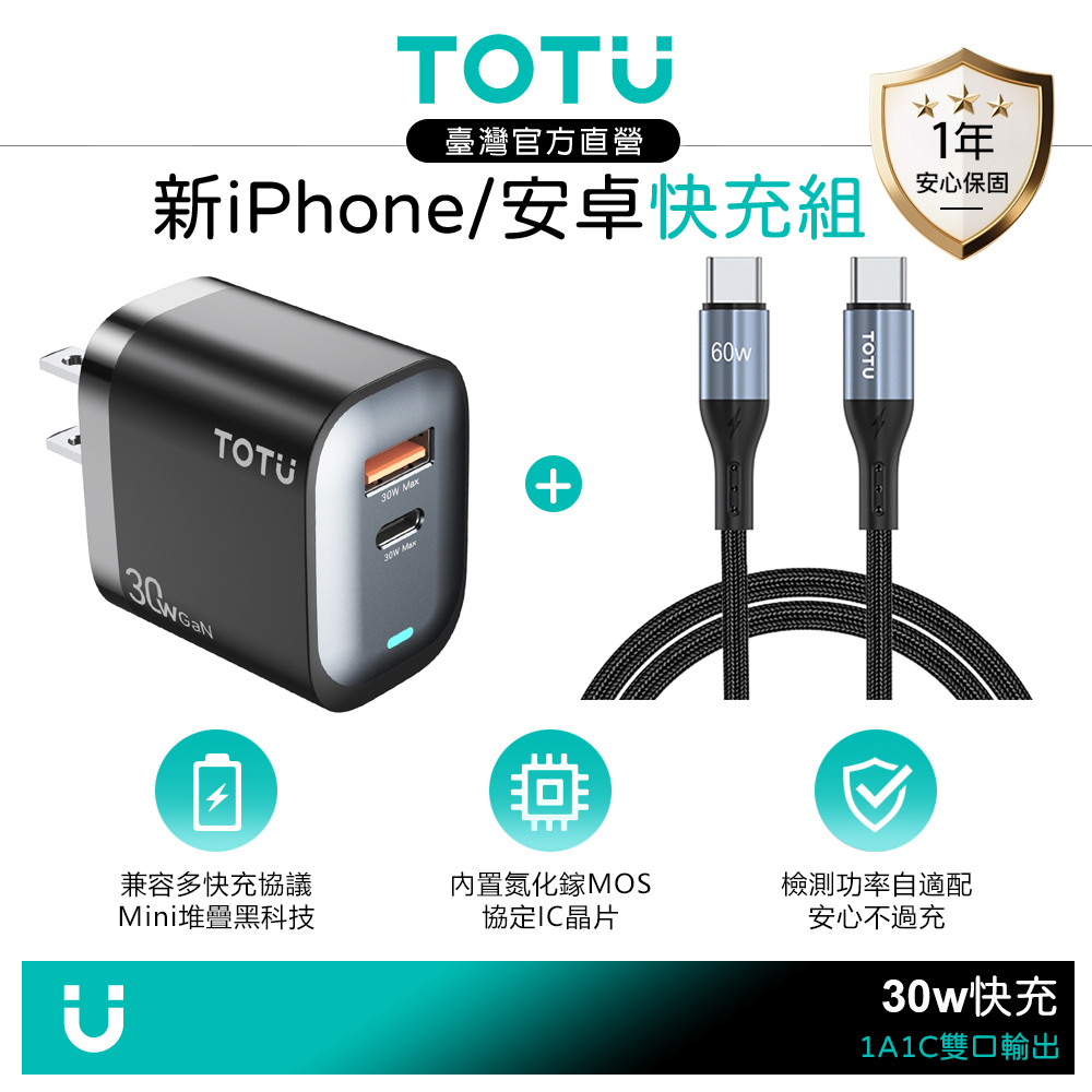 【快充組】TOTU 雙孔 GaN氮化鎵 PD充電器 30W USB充電頭+雙Type-C充電傳輸線 2M