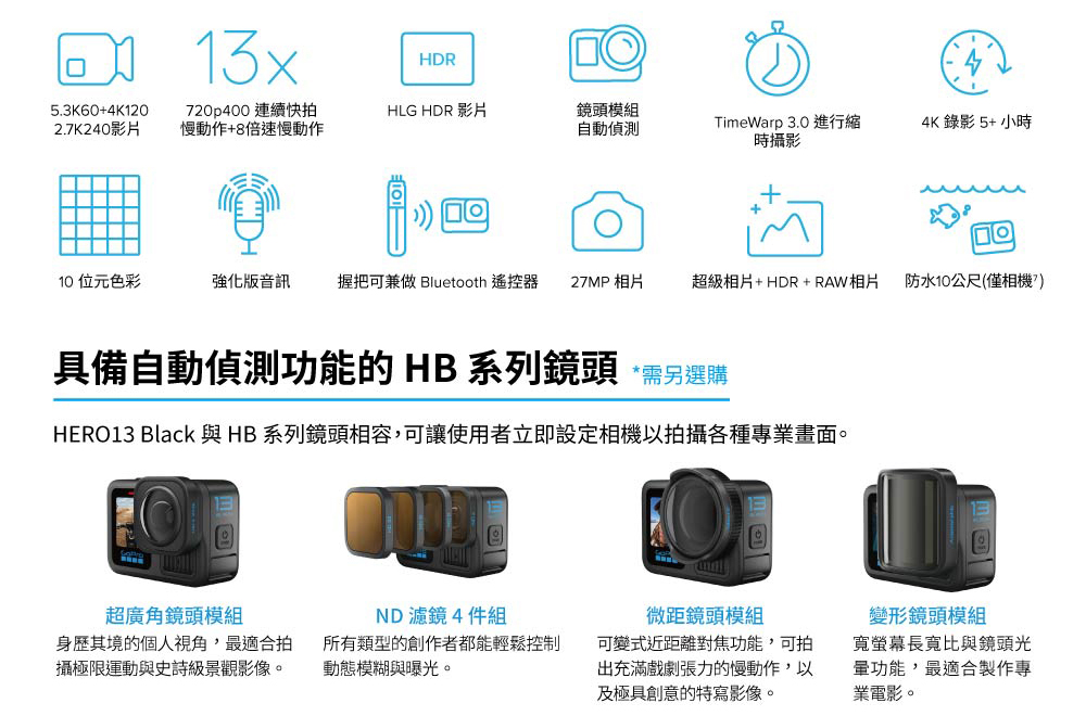 HERO13 Black 與HB系列鏡頭相容,可讓使用者立即設定相機以拍攝各種專業畫面。