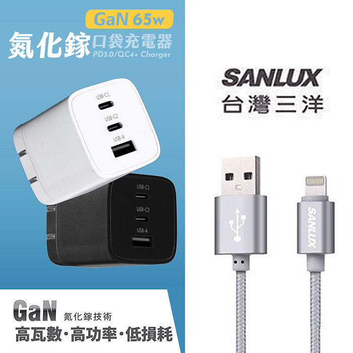 Wephone 65W氮化鎵充電器(贈送台灣三洋 蘋果認證/編織快充線1M) 白色