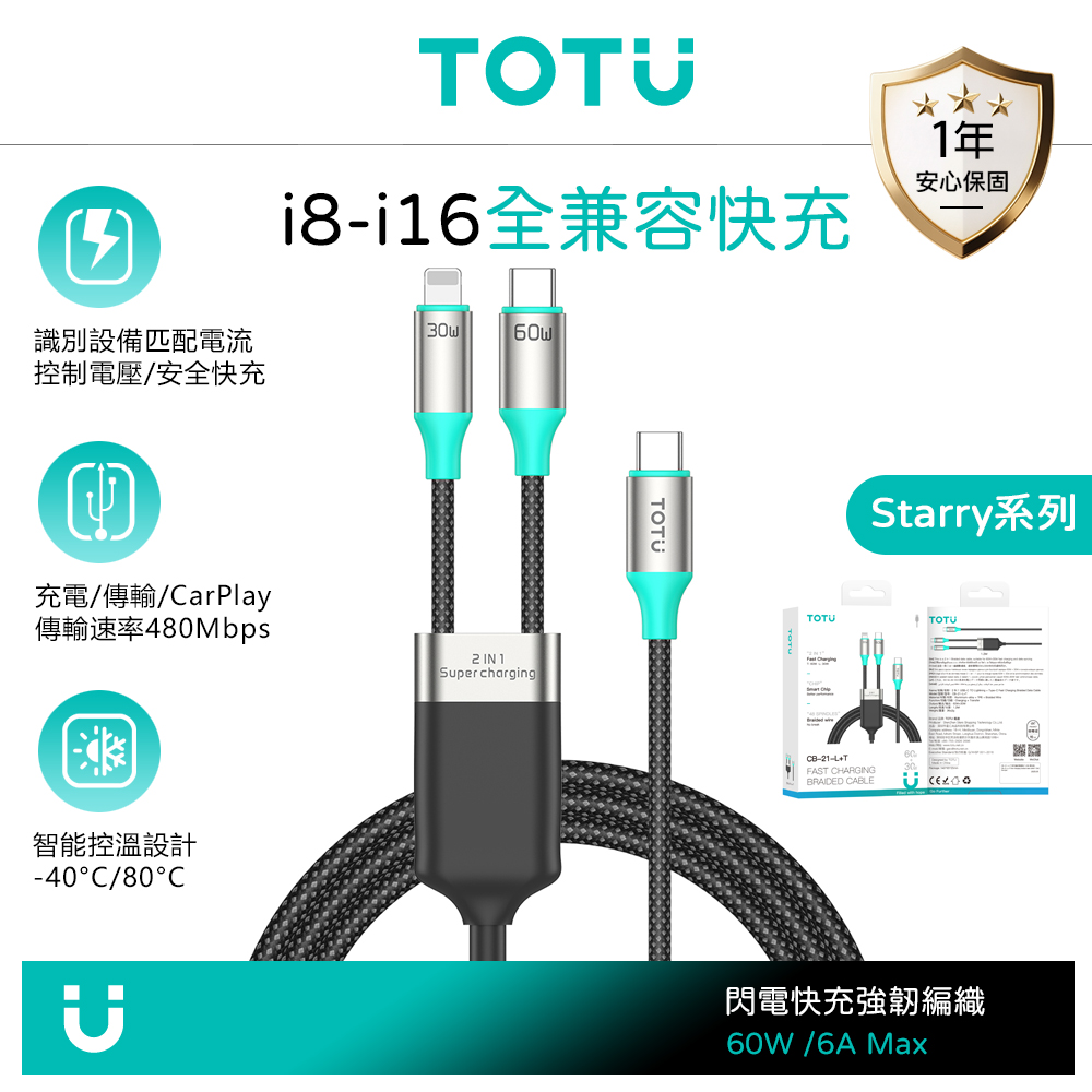 TOTU台灣官方 一分二 USB-C TO Lightning/Type-C PD充電線傳輸線快充線 Starry系列 1.2M