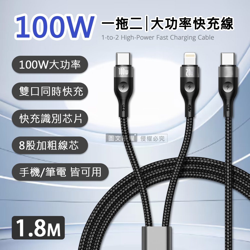 100W 一拖二超大功率快充線 Type-C to Type-C+Lightning 二合一編織充電線(1.8M)
