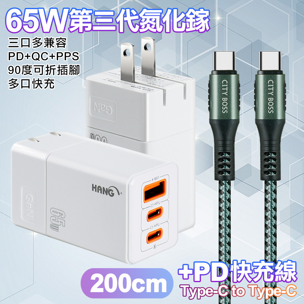 HANG 三代氮化鎵65W 白色+勇固線耐彎折編織線Type-C to Type-C-200cm-綠線