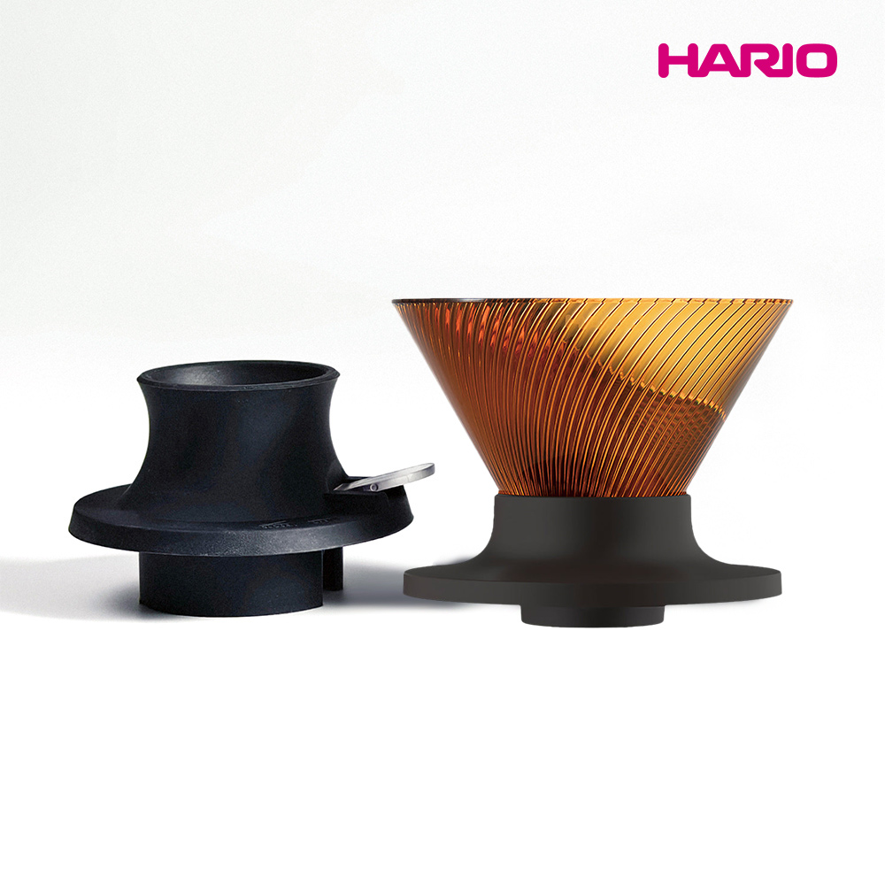 【HARIO】V60 NEO 樹脂濾杯01-琥珀色+聰明濾杯通用矽膠開關底座-黑色 /日本製濾杯/快速萃取/錐形濾杯/開關底座