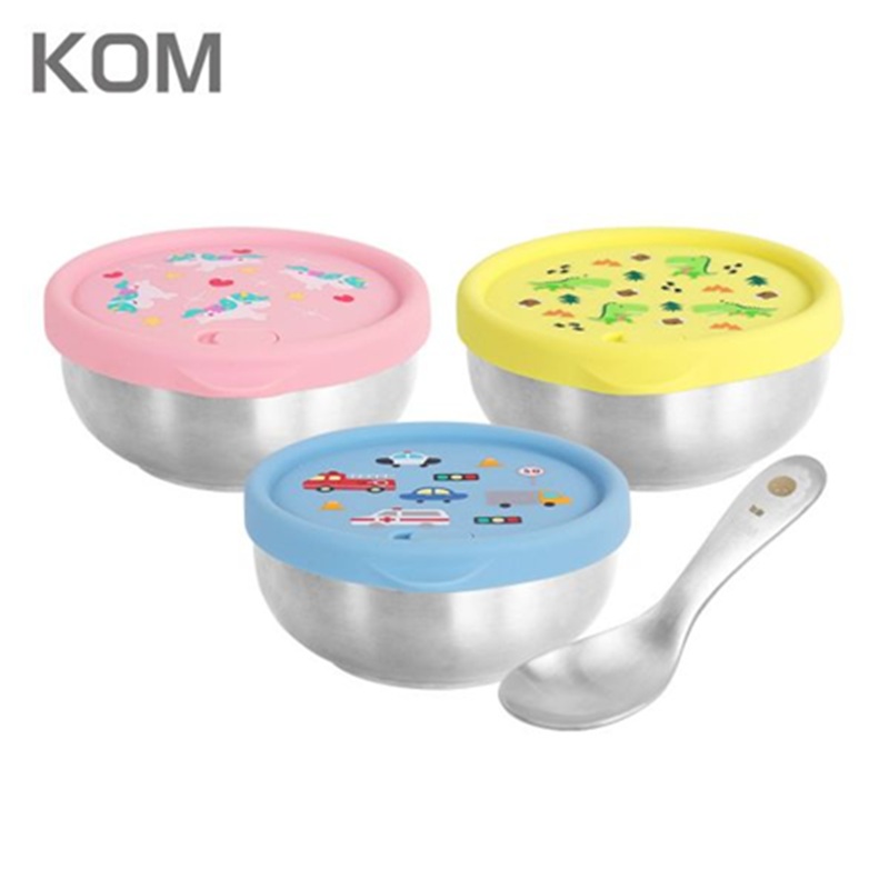 【DOZO嚴選】KOM-雙層不鏽鋼 矽膠密封兒童碗-獨角獸/恐龍/汽車 3入一組 (附湯匙) 加贈: 隨機款便當袋