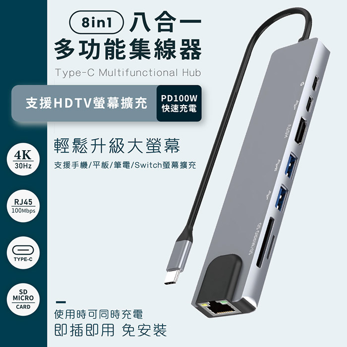 Songwin 8合1多功能PD充電傳輸集線器 UTO-380 (HDTV/RJ45/TypeC/讀卡機)
