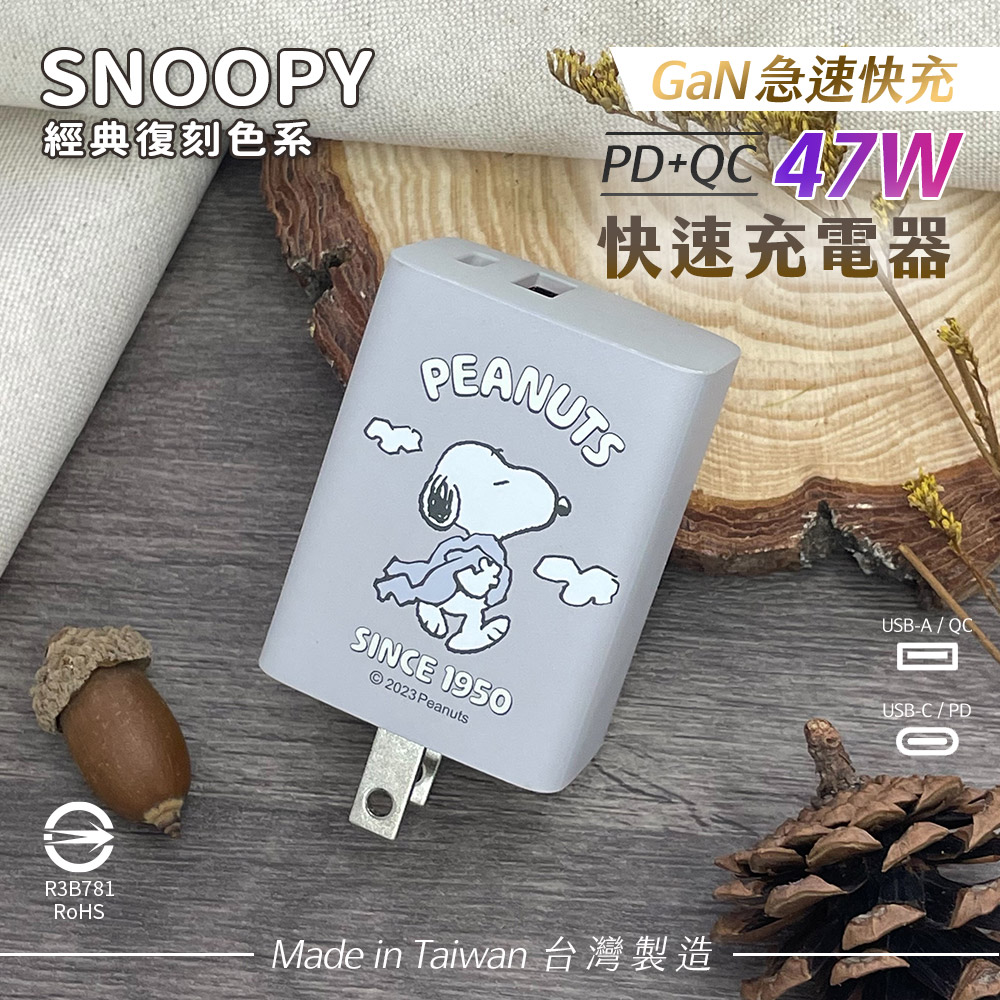 SNOOPY史努比 鳳梨酥系列 47W 經典復刻色系 GaN氮化鎵 PD+QC 急速充電器-散步(霜灰)