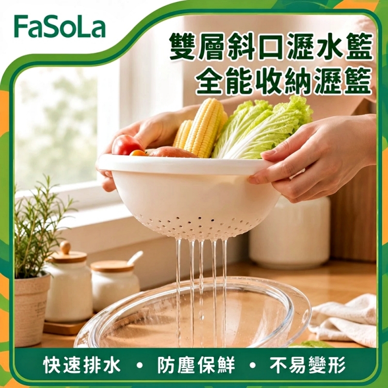FaSoLa 多功能雙層斜口瀝水籃/收納籃-小號