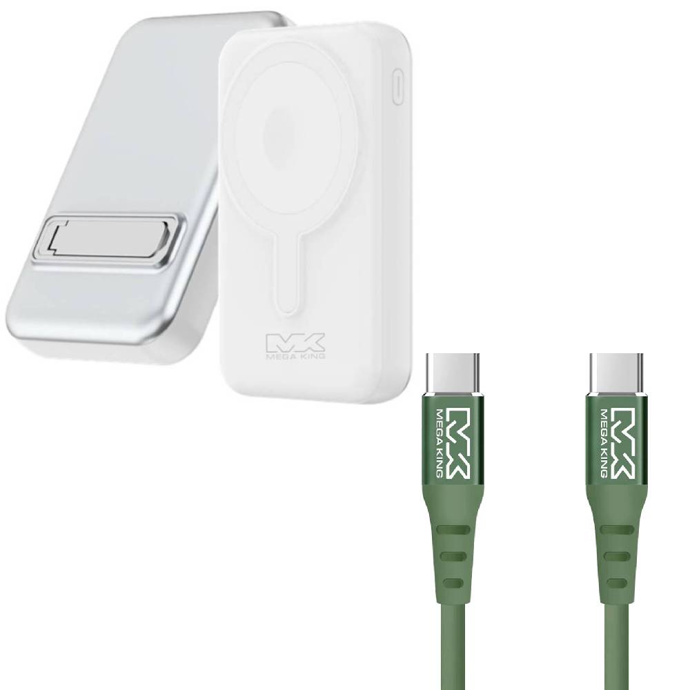 【組合價】MEGA KING 10000 多功能磁吸支架行動電源 白 + C to C 傳輸充電親膚線 1M 軍綠