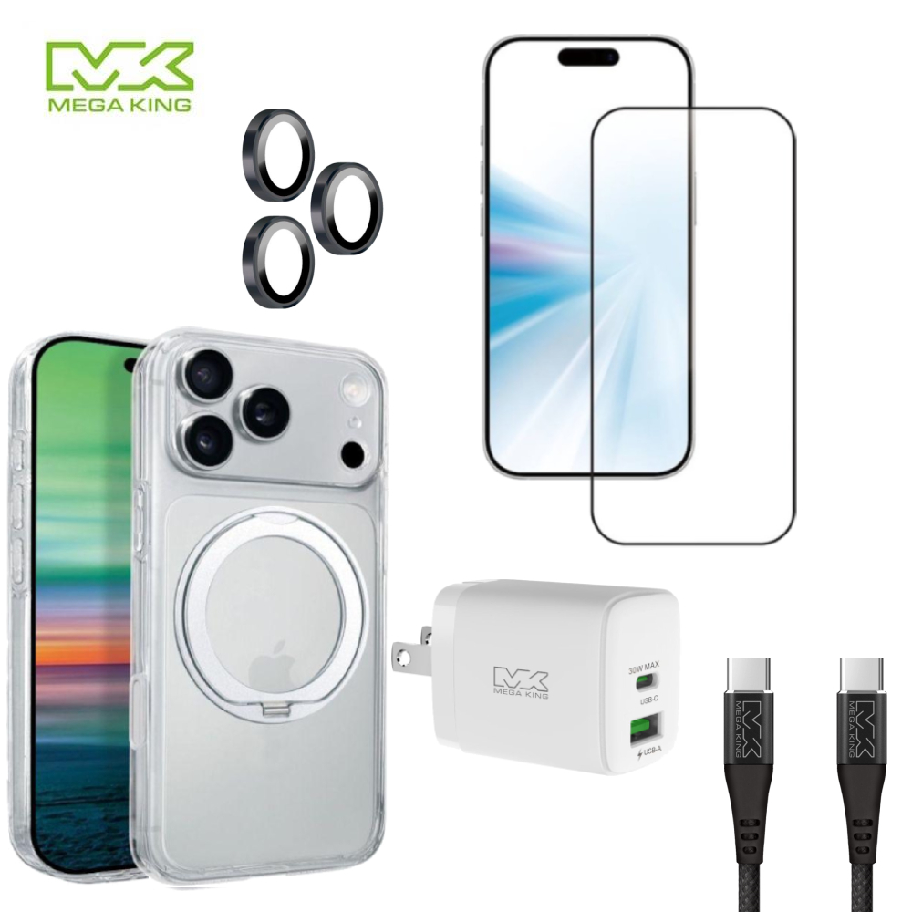 【超值組合16】MEGA KING iPhone 18 Pro Max 多功能旋轉立架保護殼+滿版保護貼+鏡頭貼+充電頭+線