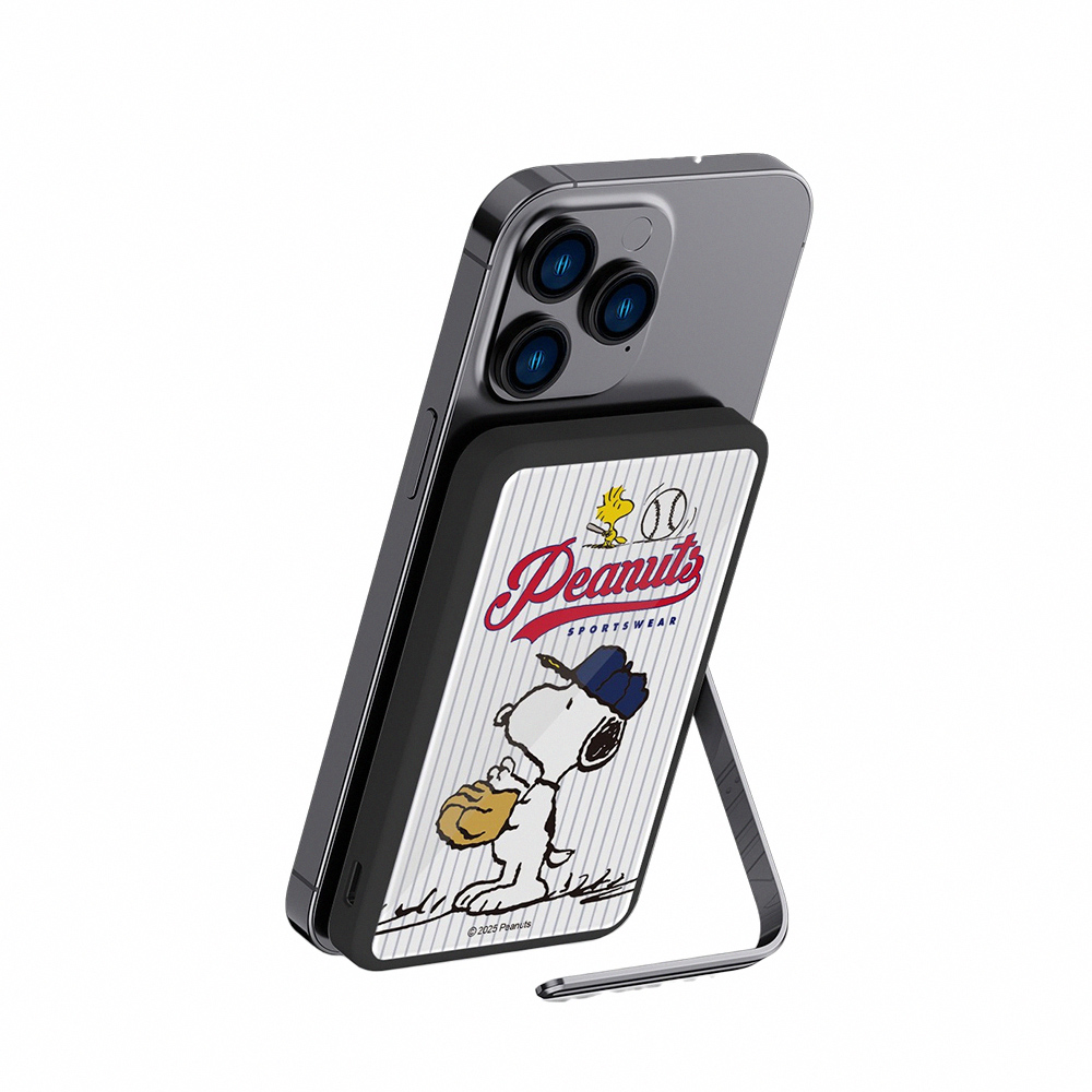 【SNOOPY史努比】質感玻璃面 磁吸無線充側支架行動電源5000mAh_英雄白