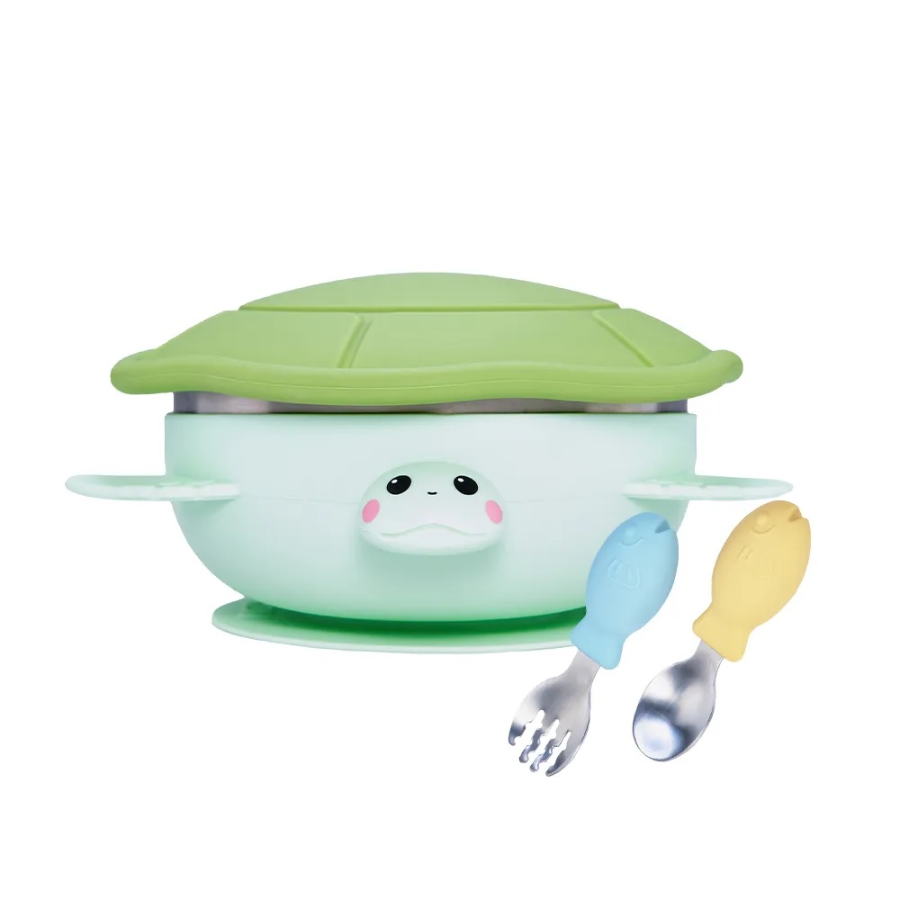 【DOZO嚴選】KOM-海洋歷險趣 不鏽鋼兒童矽膠學習餐具 海龜 (贈飛魚叉匙組)_綠色x1入