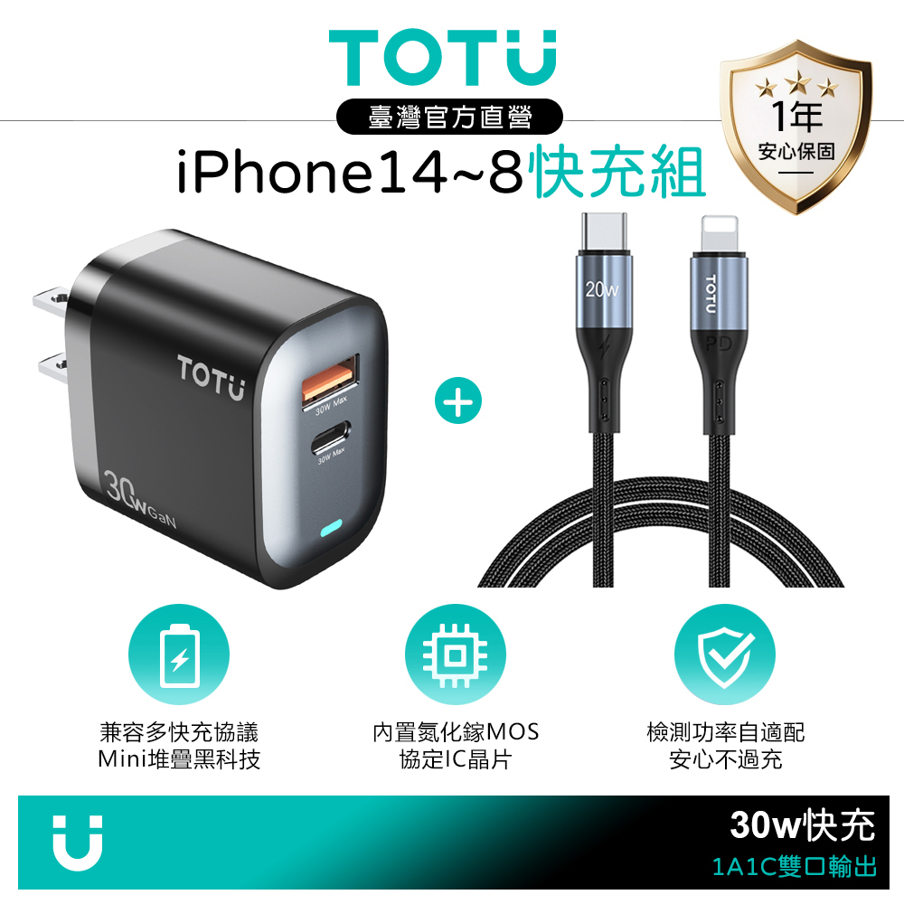 【快充組】TOTU 雙孔 GaN氮化鎵 PD充電器 30W Type-C+USB充電頭+PD充電傳輸線 2M