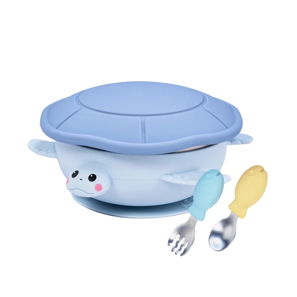 【DOZO嚴選】KOM-海洋歷險趣 不鏽鋼兒童矽膠學習餐具 海龜 (贈飛魚叉匙組)_藍色x1入