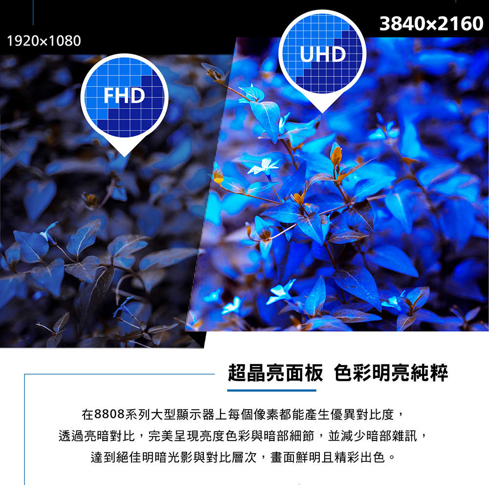 超晶亮面板 色彩明亮純粹 在8808系列大型顯示器上每個像素都能產生優異對比度, 透過亮暗對比,完美呈現亮度色彩與暗部細節,並減少暗部雜訊, 達到絕佳明暗光影與對比層次,畫面鮮明且精彩出色。 