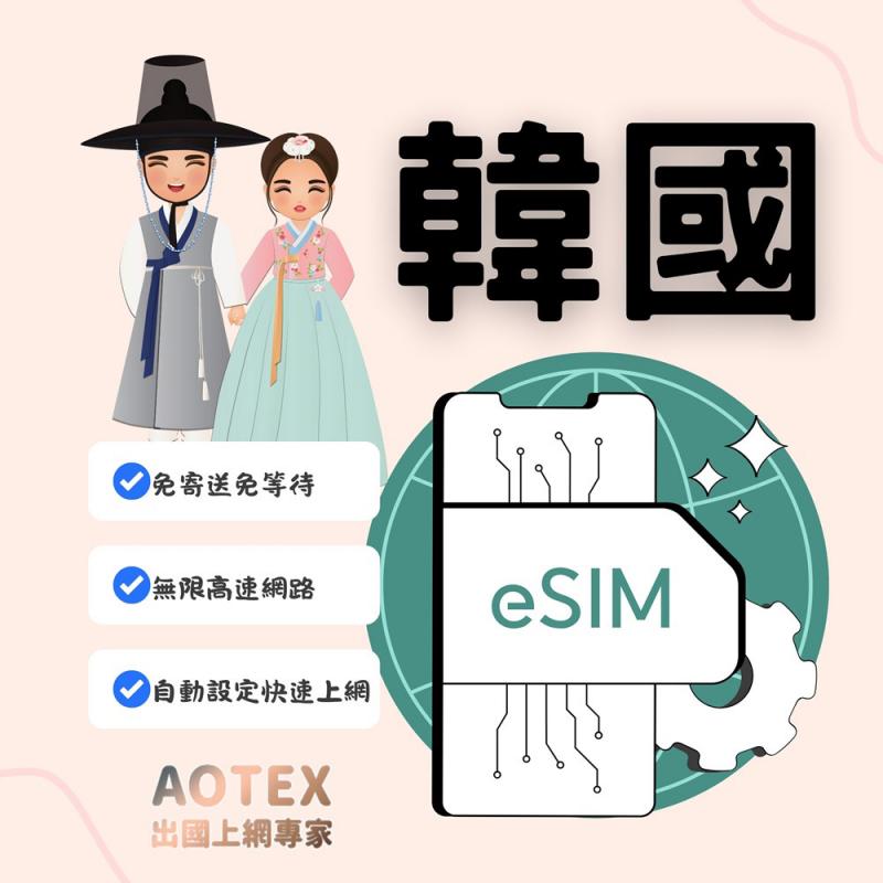 限時優惠！【AOTEX】eSIM韓國5天無限高速網路吃到飽兌換券(MO)