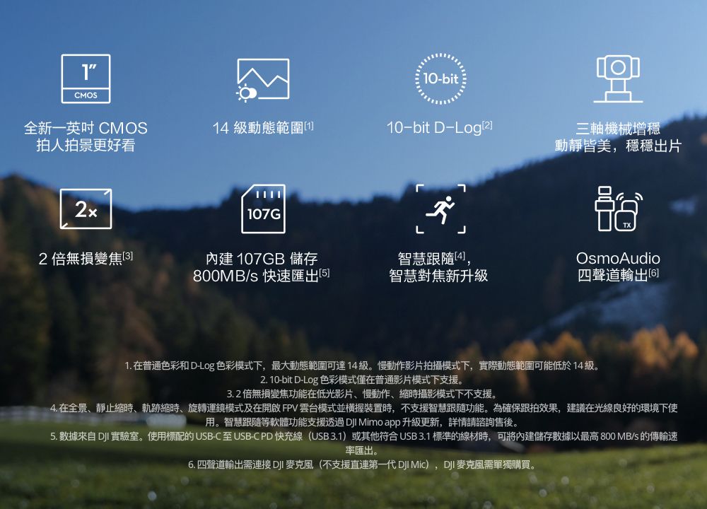 CMOS10-bit全新一英吋 CMOS1 級動態範圍10-bit D-Log拍人拍景更好看三軸機械增穩動靜皆美穩穩出片107G|L2無損變焦3]內建 107GB 儲存800MB/s 快速匯出5智慧跟隨4]OsmoAudio智慧對焦新升級四聲道輸出1. 在普通色彩和 D-Log 色彩模式下,最大動態範圍可達14級慢動作影片拍攝模式下,實際動態範圍可能低於14級。2. 10-bit D-Log 色彩模式僅在普通影片模式下支援。3.2倍無損變焦功能在低光影片慢動作縮時攝影模式下不支援。4.在全景、靜止縮時、軌跡縮時、旋轉運鏡模式及在開啟 FPV雲台模式並握裝置時,不支援智慧跟隨功能。為確保跟拍效果,建議在光線良好的環境下使用。智慧跟隨等軟體功能支援透過 Mimo app 升級更新,詳情請諮詢。5. 數據來自  實驗室。使用標配的USB-C至USB-C PD快充線(USB3.1或其他符合USB3.1標準的線材時,可將內建儲存數據以最高 800 MB/s 的傳輸速匯出。6. 四聲道輸出需接(不支援直連第一代  ),麥克風需單獨購買。
