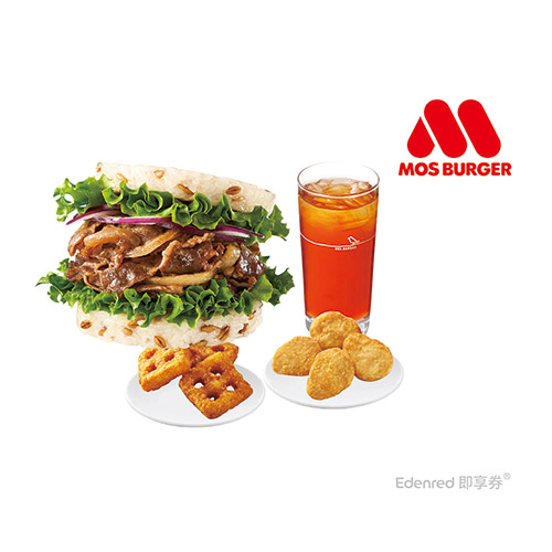 摩斯漢堡-C344超級大麥燒肉珍珠堡/超級大麥杏鮑菇珍珠堡/摩斯炸蝦堡 漢堡三選一+方塊薯餅(3個)+摩斯雞塊(4塊)+冰紅茶(L) 好禮即享券