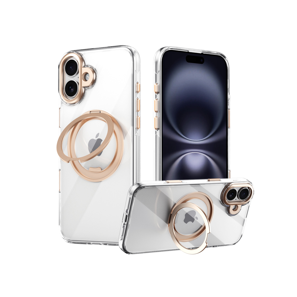 QinD Apple 蘋果 iPhone 16 Plus 旋轉磁吸支點殼(含相機鍵)(透金色)