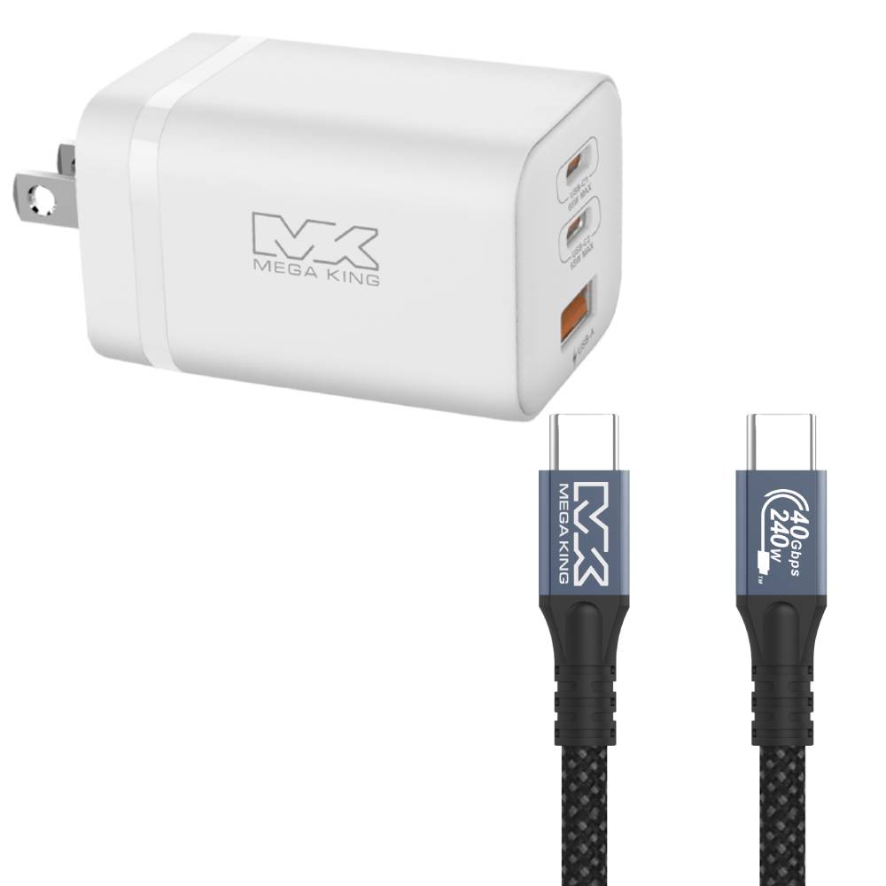 【組合價】MEGA KING 65W 氮化鎵三孔快充旅充頭(2C1A) 白 + C to C 240W+40G 高速傳輸充電編織線 1.5M 黑
