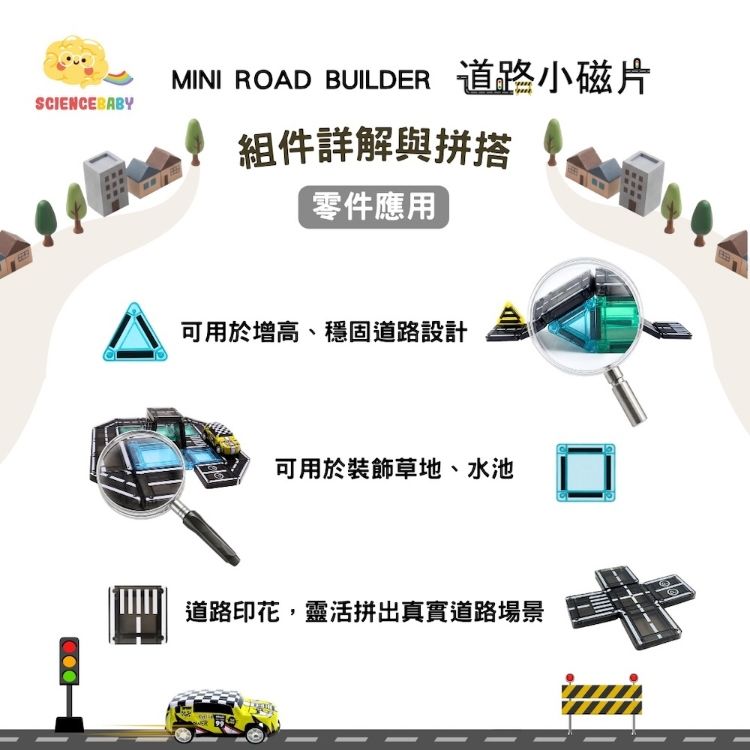 SCIENCEBABYMINI ROAD BUILDER 道路小磁片組件詳解與拼搭零件應用可用於增高、穩固道路設計可用於裝飾草地、水池道路印花,靈活拼出真實道路場景