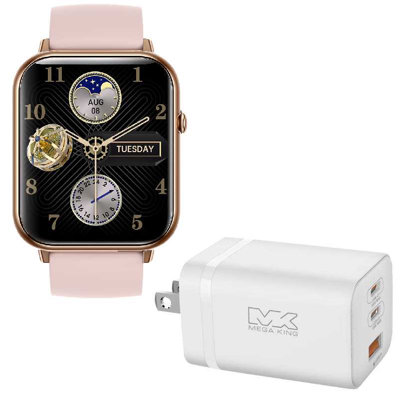 【組合價】MEGA KING Watch S3智慧手錶 粉橘+65W 氮化鎵三孔快充旅充頭(2C1A) 白