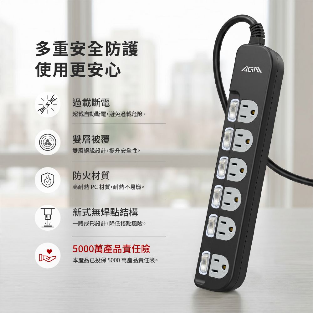 多重安全防護使用更安心過載斷電超載自動斷電,避免過載危險。雙層被覆雙層絕緣設計,提升安全性。防火材質高耐熱 PC材質,耐熱不易燃。新式無焊點結構一體成形設計,降低接點風險。5000萬產品責任險本產品已投保5000萬產品責任險。AGN