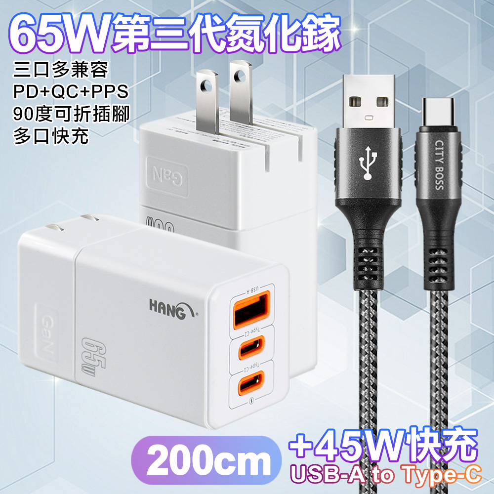 HANG 三代氮化鎵65W 白色+勇固線耐彎折編織線USB-Type-C-200cm-灰線