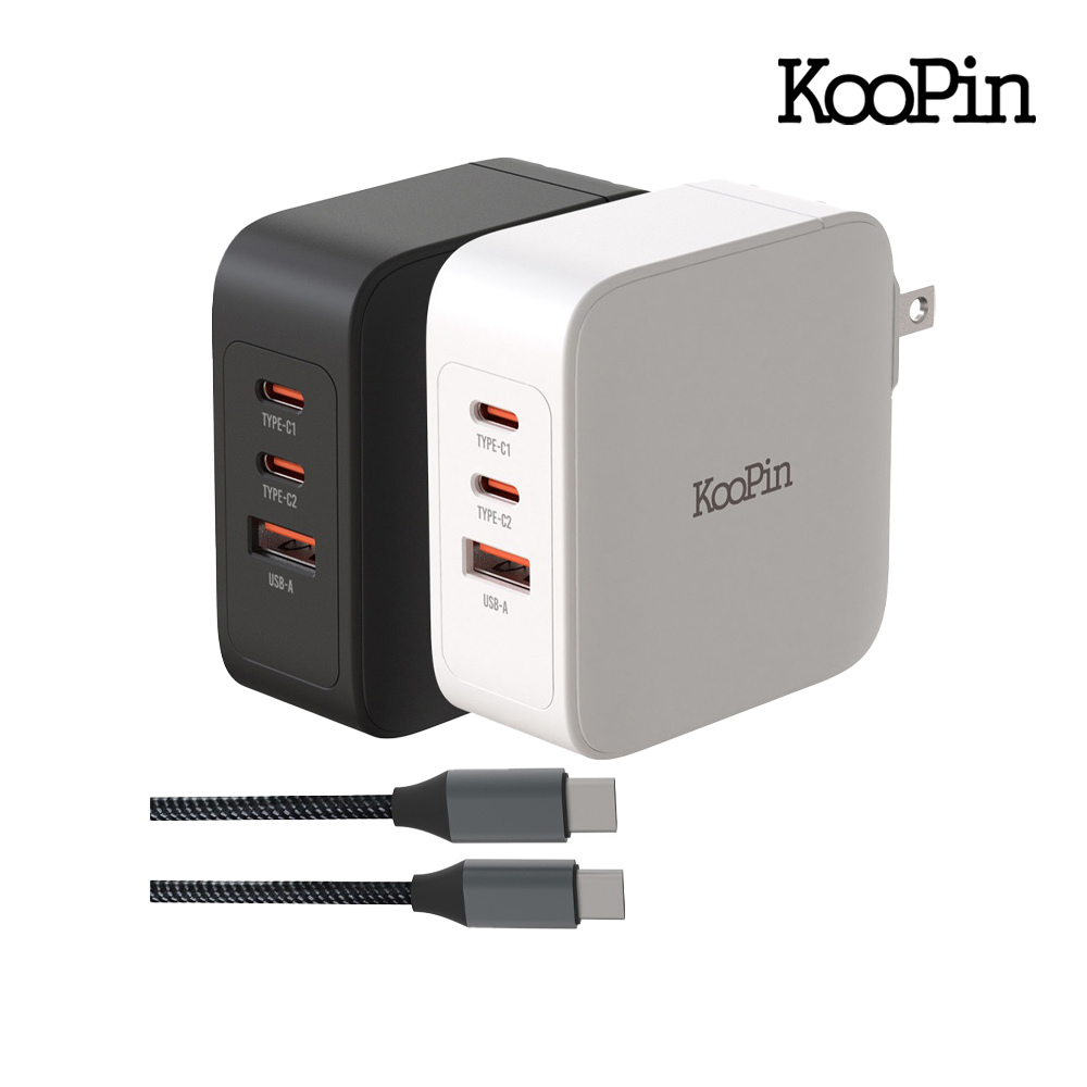 KooPin 100W 氮化鎵 PD+QC 三孔充電器組合包(白色)
