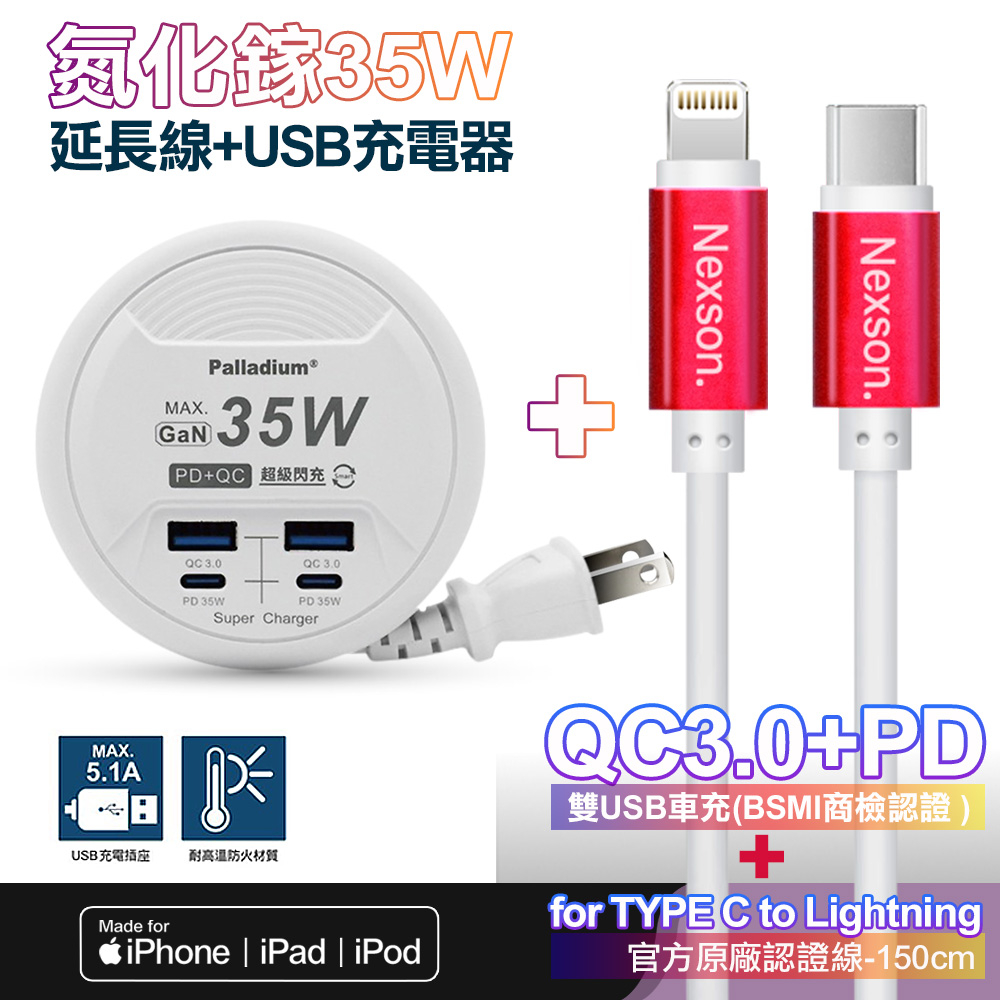Palladium-UB-26 35W閃充 PD+QC3.0 4Port 35W氮化鎵 閃充+NEXSON 蘋果認證 Type-C to Lightning-紅