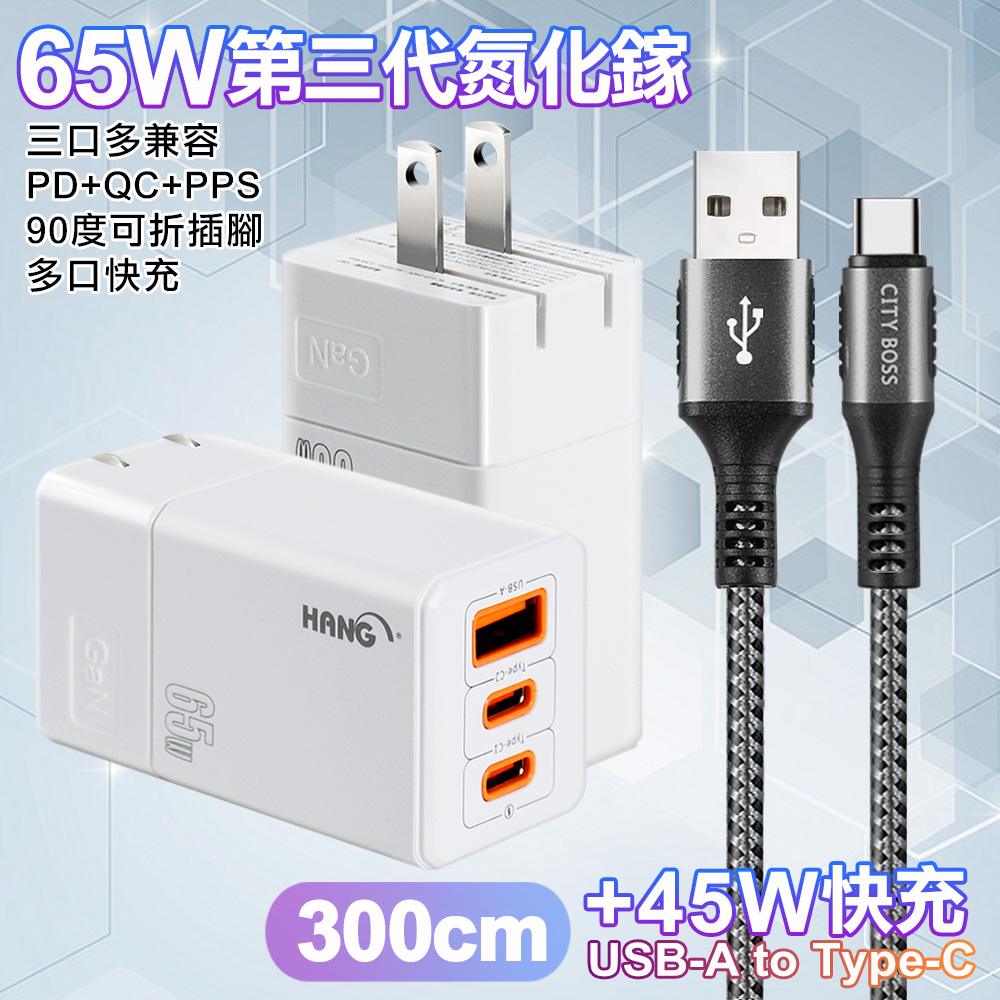 HANG 三代氮化鎵65W 白色+勇固線耐彎折編織線USB-Type-C-300cm-灰線