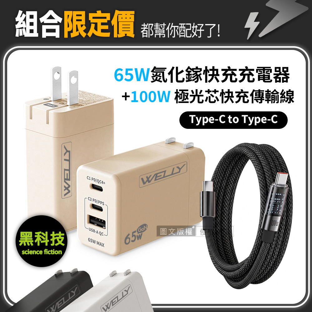 100W 極光芯 Type-C to Type-C 耐拉傳輸充電線+65W氮化鎵GaN 三孔極速充電器(奶茶)