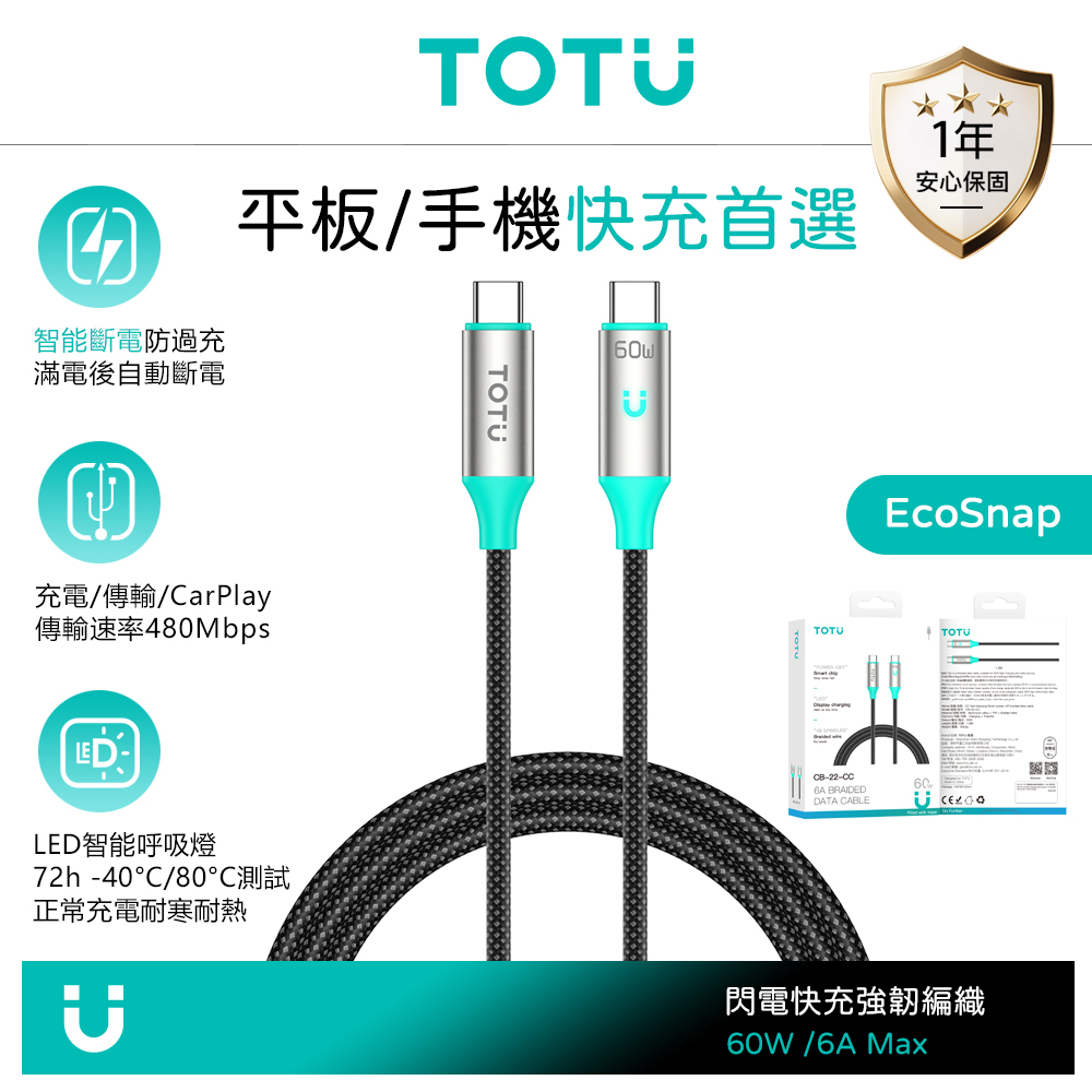 TOTU台灣官方 智能斷電 雙Type-C/PD充電線傳輸線編織快充線 QC4.0 LED呼吸燈 EcoSnap系列 1.2M
