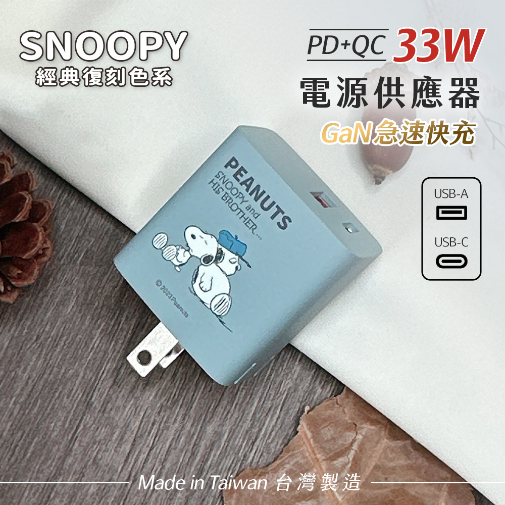 SNOOPY史努比 鳳梨酥系列 33W 經典復刻色系 GaN氮化鎵 PD+QC 急速充電器-兄弟(蒼藍)