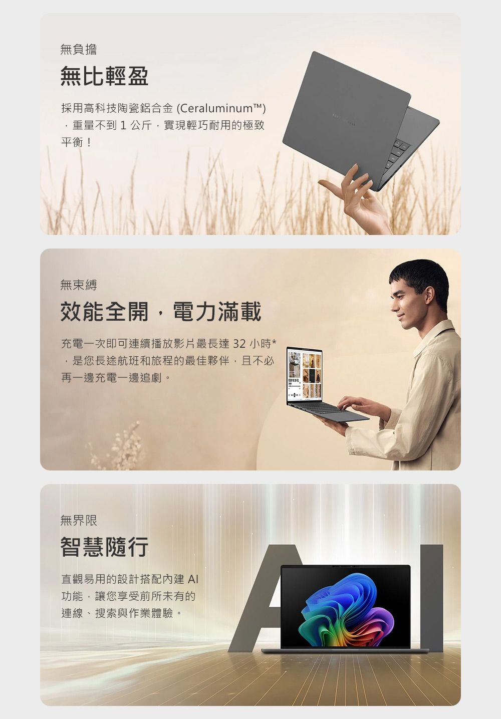 無負擔無比輕盈採用高科技陶瓷鋁合金(Ceraluminum)重量不到1公斤,實現輕巧耐用的極致平衡!無束縛效能全開,電力滿載充電一次即可連續播放影片最長達32小時*是您長途航班和旅程的最佳夥伴,且不必再一邊充電一邊追劇。無界限智慧隨行直觀易用的設計搭配 功能,讓您享受前所未有的連線、搜索與作業體驗。A