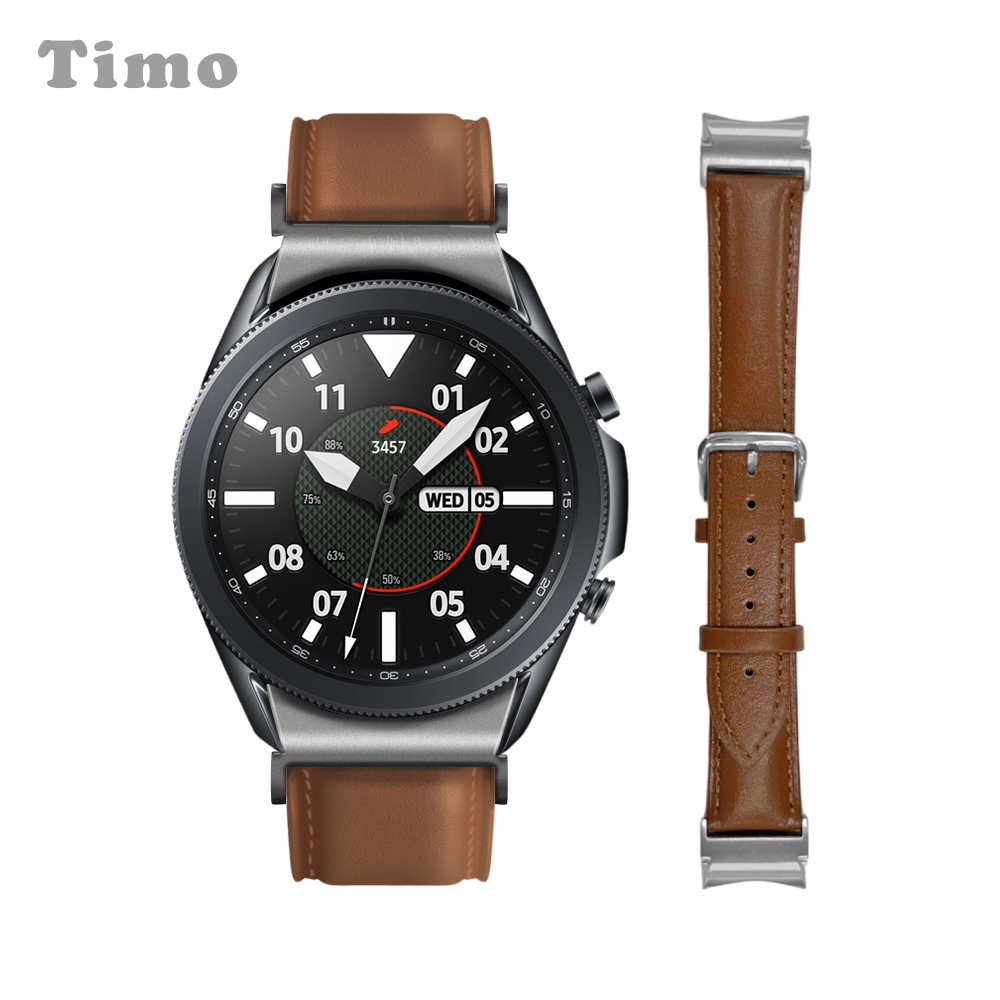 【Timo】SAMSUNG三星 Galaxy Watch 7 /6 /5 /4 通用款 按鍵式 經典平紋真皮替換錶帶-棕色