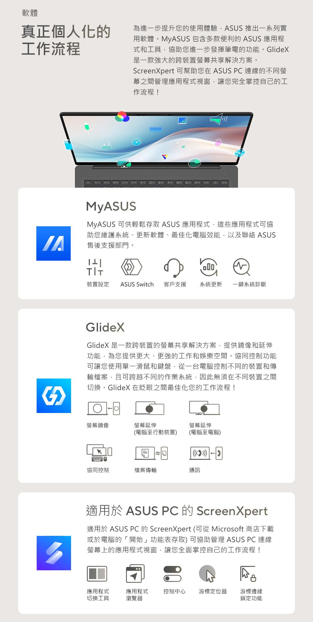 軟體真正個人化的工作流程為進一步提升您的使用體驗ASUS 推出一系列實用軟體。MyASUS 包含多款便利的 ASUS 應用程式和工具協助您進一步發揮筆電的功能。GlideX是一款强大的跨裝置幕共享解決方案。ScreenXpert 可幫助您在 ASUS PC連線的不同螢幕之間管理應用程式視窗讓您完全掌控自己的工作流程!MyASUSMyASUS 可供輕鬆存取 ASUS 應用程式,這些應用程式可協助您維護系統更新軟體、最佳化電腦效能,以及聯絡 ASUS售後支援部門。 裝置設定 ASUS Switch 客戶支援系統更新 一鍵系統診斷GlideXGlideX 是一款跨裝置的螢幕共享解決方案,提供鏡像和延伸功能,為您提供更大、更強的工作和娛樂空間。協同控制功能可讓您使用單一滑鼠和鍵盤,從一台電腦控制不同的裝置和傳輸檔案,且可跨越不同的作業系統,因此無須在不同裝置之間切換。GlideX 在眨眼之間最佳化您的工作流程!螢幕鏡像螢幕延伸螢幕延伸(電腦至行動裝置)(電腦至電腦)協同控制檔案傳輸通訊適用於 ASUS PC 的 ScreenXpert適用於 ASUS PC 的 ScreenXpert (可從 Microsoft 商店下載或於電腦的「開始」功能表存取) 可協助管理 ASUS PC 連線螢幕上的應用程式視窗,讓您全面掌控自己的工作流程!應用程式切換工具應用程式瀏覽器控制中心 游標定位器游標邊緣鎖定功能