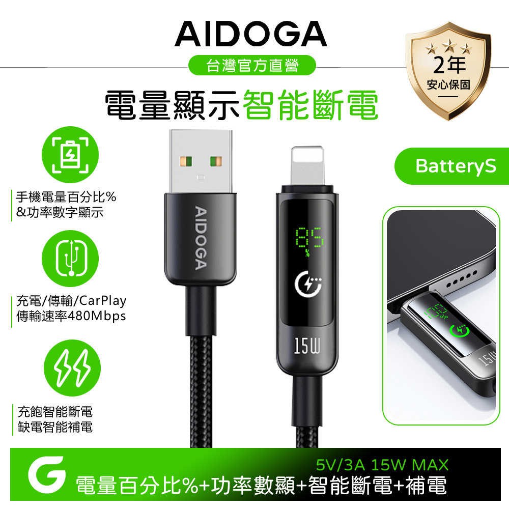 AIDOGA 艾迪伽 Lightning/iPhone充電線傳輸線快充線 電量顯示/智能斷電/補電/功率數顯 1.2M