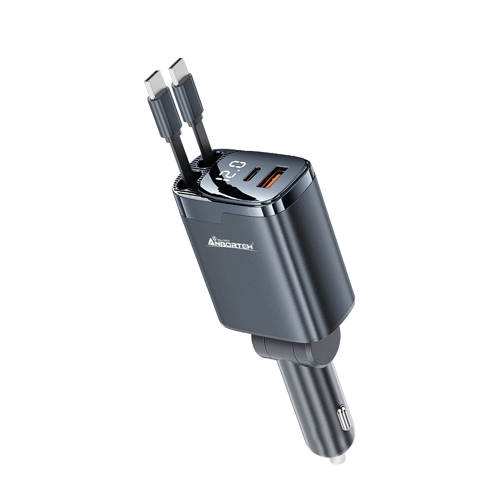 【安伯特】電壓監控雙TYPE-C伸縮PD快充(國家認證 一年保固)12-24V皆可/96W急速快充/支援PD快充、蘋果、安卓