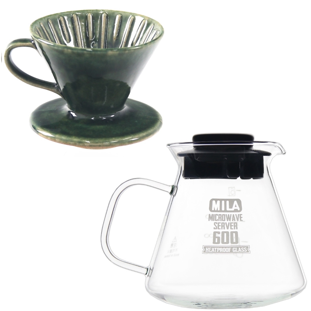 MILA日本製 織部燒 咖啡濾杯02-匠織部釉+耐熱玻璃壺600ml