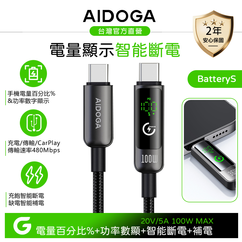 AIDOGA 艾迪伽 雙Type-C/PD充電線傳輸線快充線 電量顯示/智能斷電/補電/功率數顯 1.2M