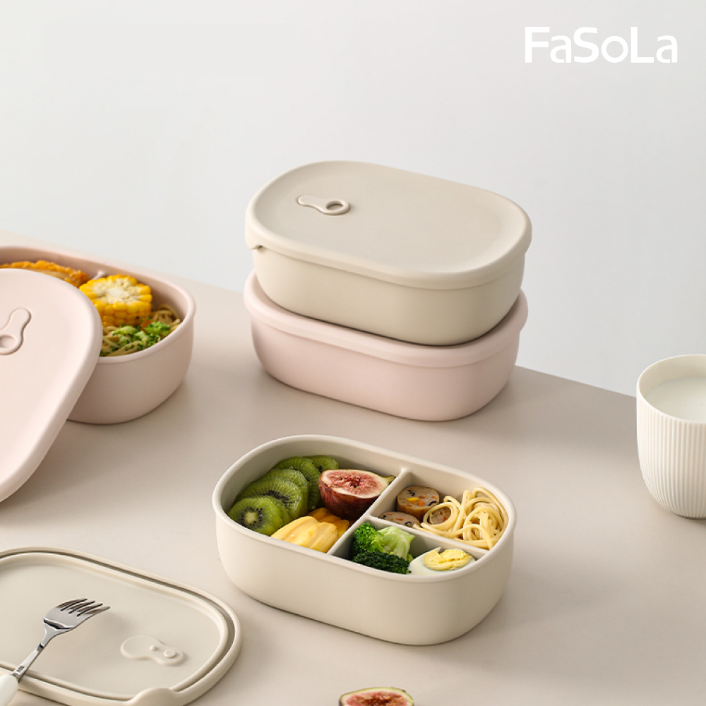 FaSoLa 食品用鉑金矽膠可微波分隔便當盒組(900ml) 分隔款 灰色